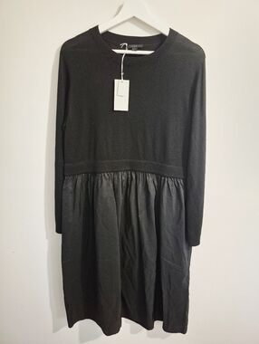 COS Black Merino Wool Long Sleeve Dress With Contrast Modal Skirt Medium NWT